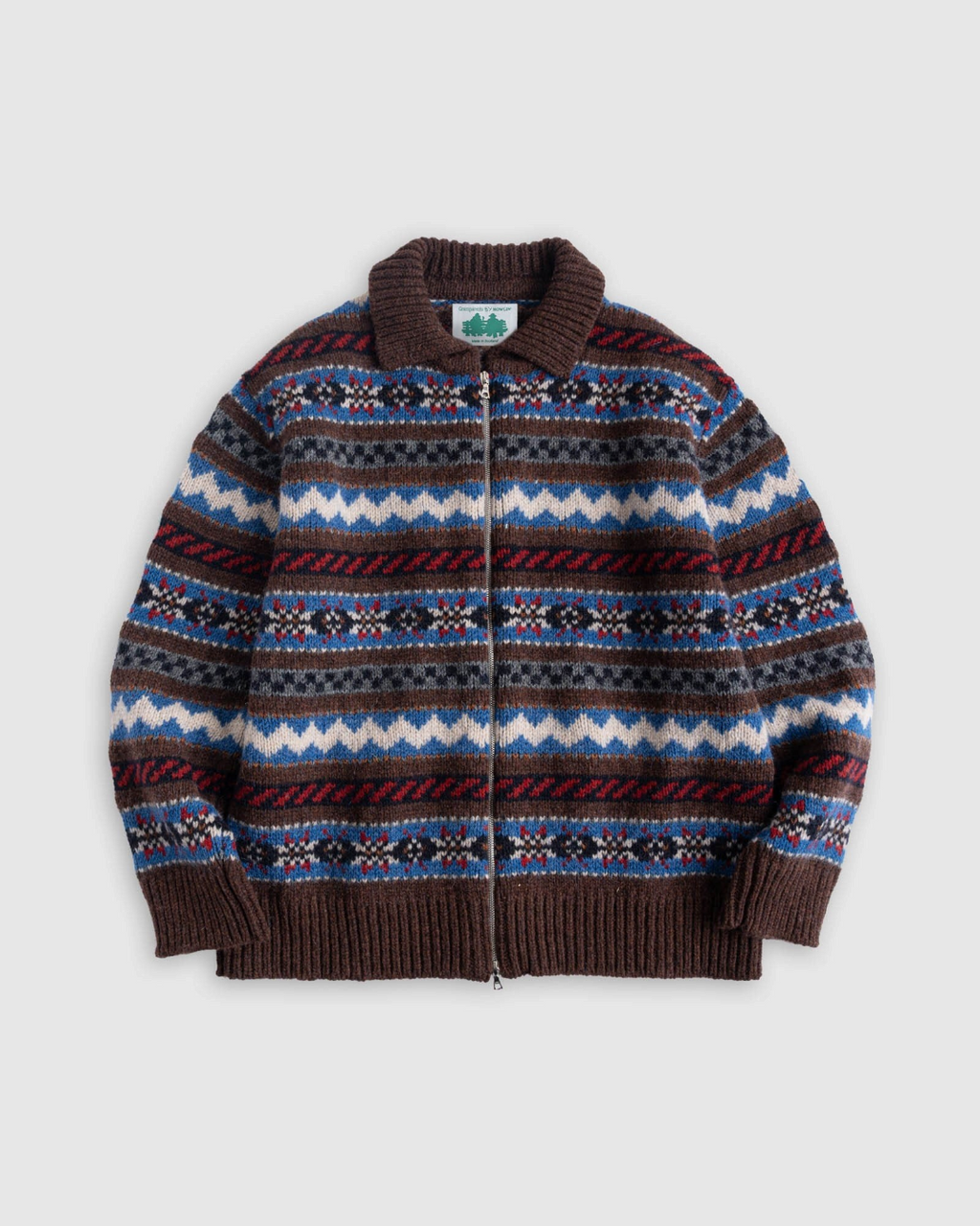 Cardigan zippé Merci Paris Howlin' en laine vierge avec motifs Fair Isle multicolores et col chemise marron