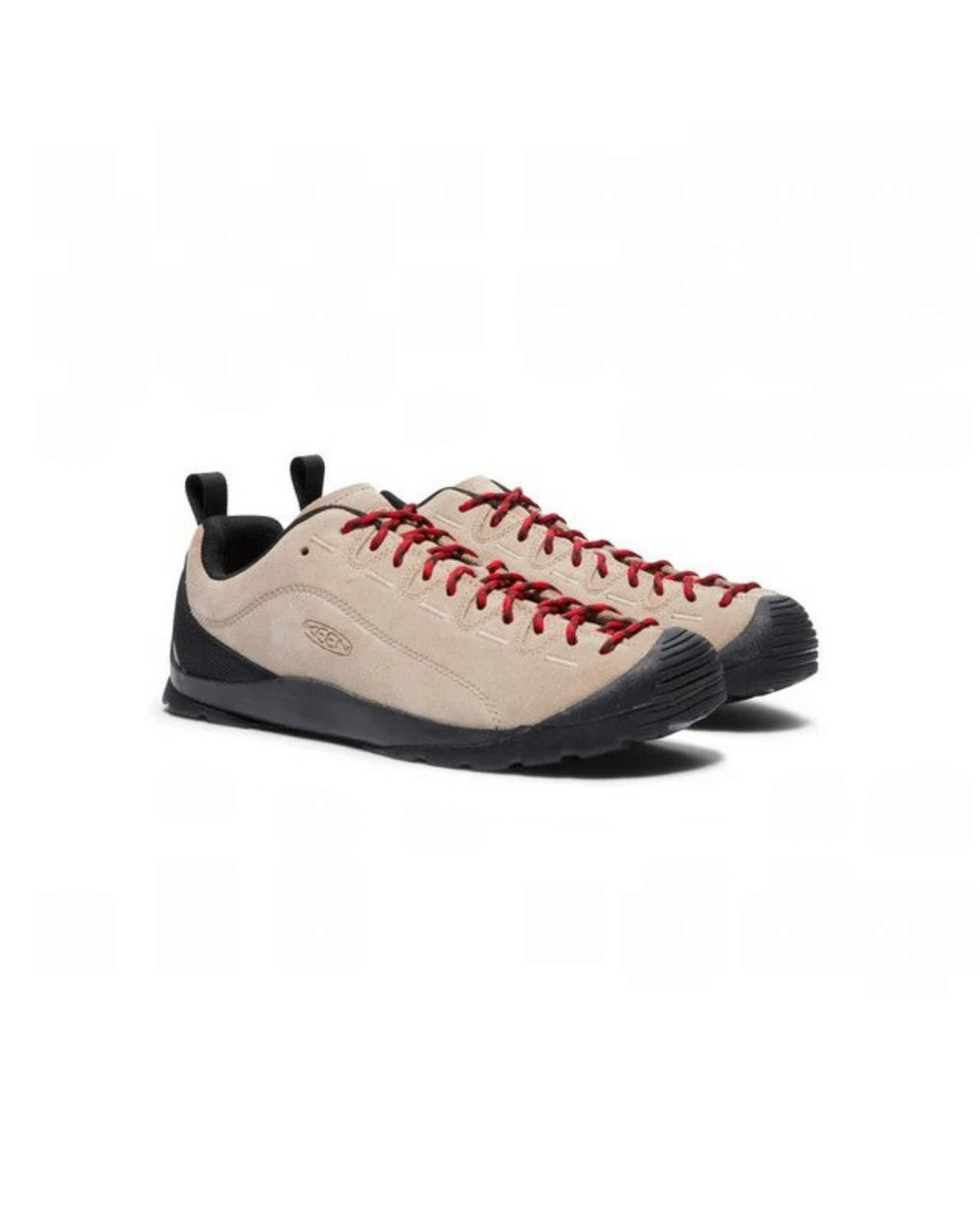 Baskets Keen Jasper Merci Paris en cuir beige avec lacets rouges et semelle en caoutchouc noir