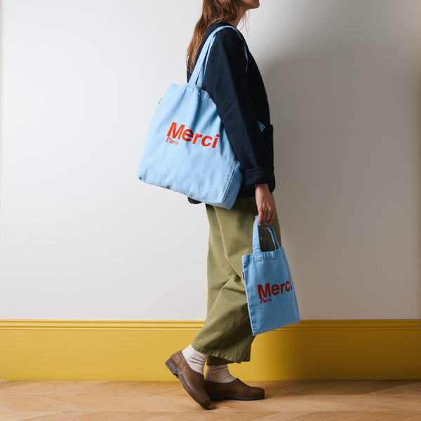 Merci - Tote Bag en coton - Bleu bébé & Rouge