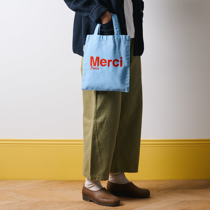 Merci - Tote Bag en coton - Bleu bébé & Rouge