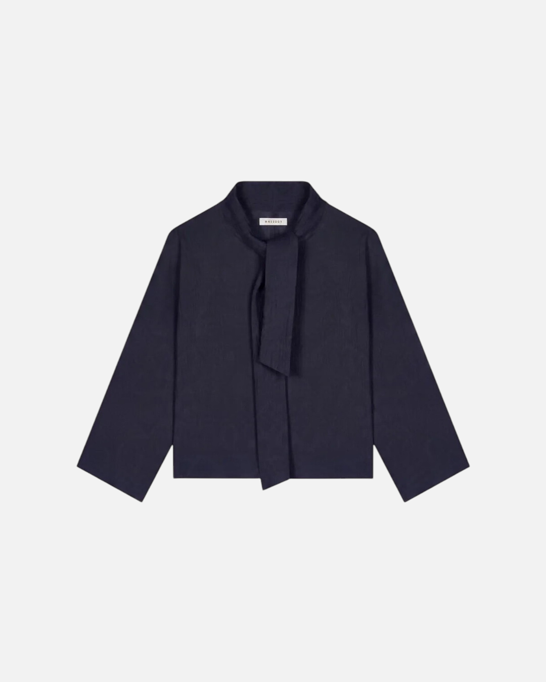 Haut bleu marine Merci Paris Masscob en mélange coton et laine avec encolure foulard et manches japonaises fluides