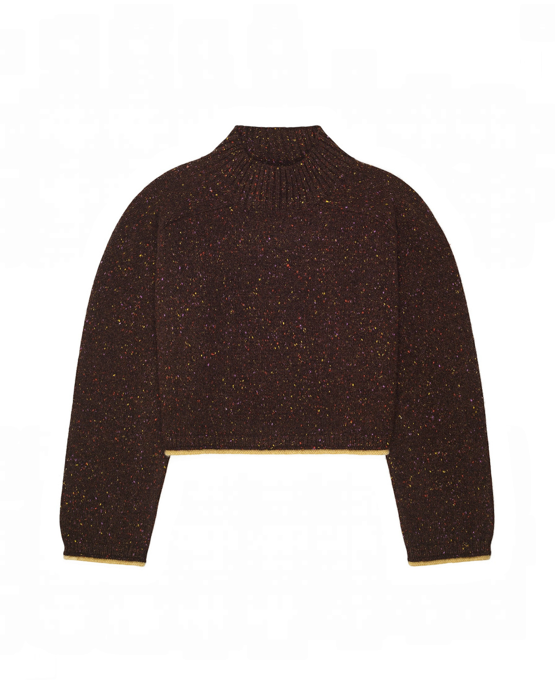 Pull Merci Paris Calle Del Mar en cachemire chocolat moucheté avec col montant et finitions jaune miel