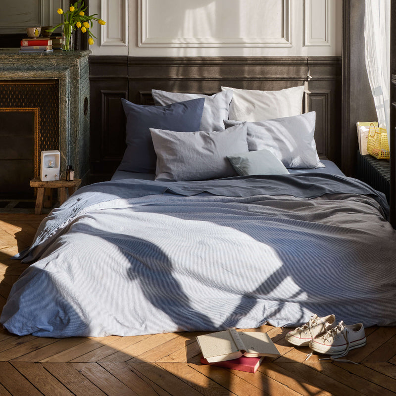 Housse de couette en percale de coton - Rayures Gris Ecume