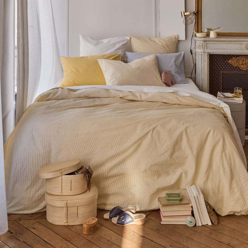 Housse de couette en percale de coton - Rayures Jaune Aurore