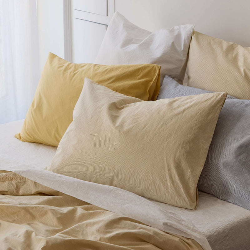 Taie d'oreiller en percale de coton - Rayures Jaune Aurore