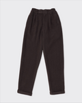 Pantalon Camp Merci Paris en laine et cachemire prune foncé avec coupe droite, pli avant et taille élastiquée au dos
