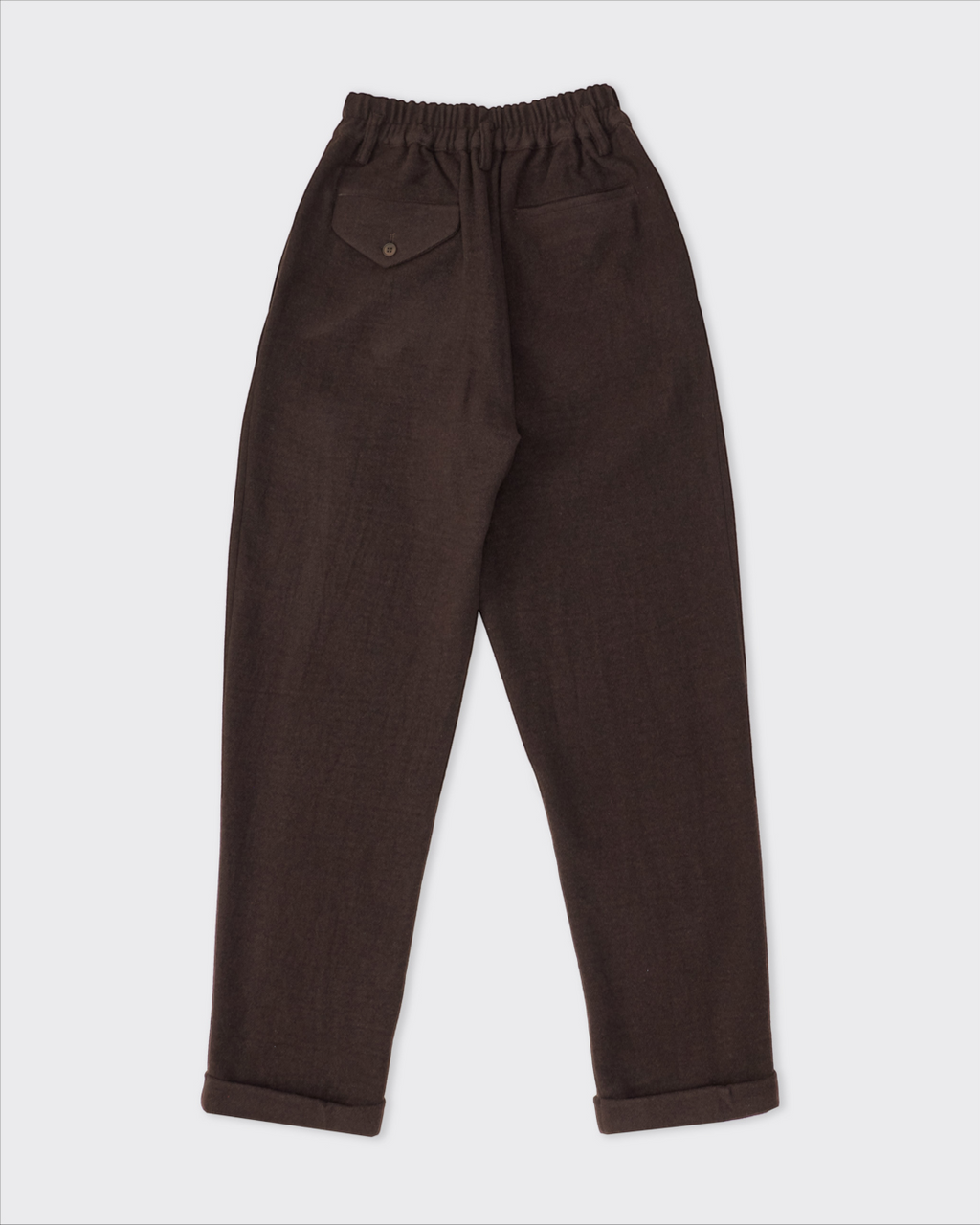 Pantalon Camp Merci Paris par Colbo en laine et cachemire prune foncé avec taille élastiquée vue de dos
