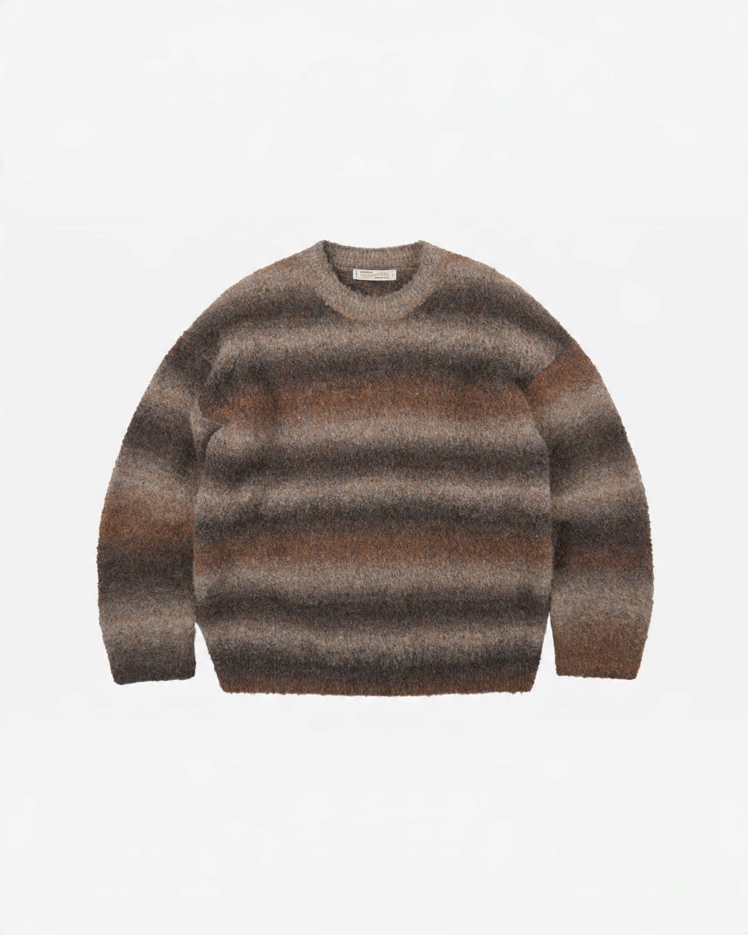 Pull Merci Paris Frizmworks en maille bouclée marron à rayures dégradées, coupe décontractée et texture douce.