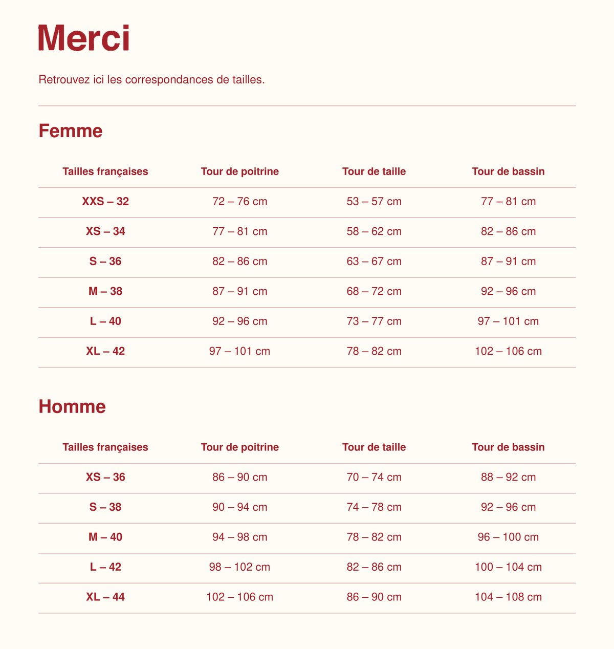 Guide des tailles
