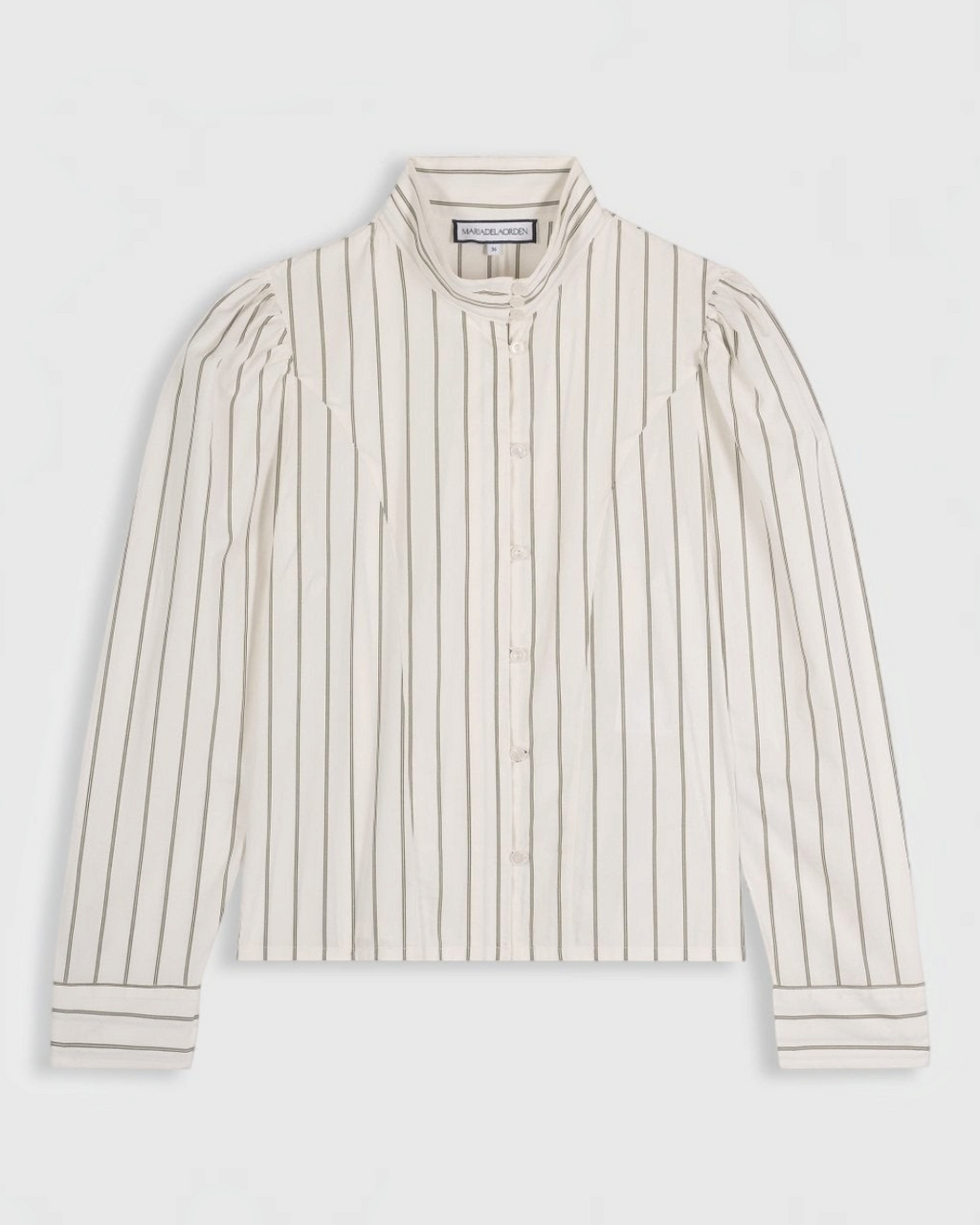 Chemise Iza Merci Paris en coton blanc à fines rayures kaki avec col mao et épaules bouffantes