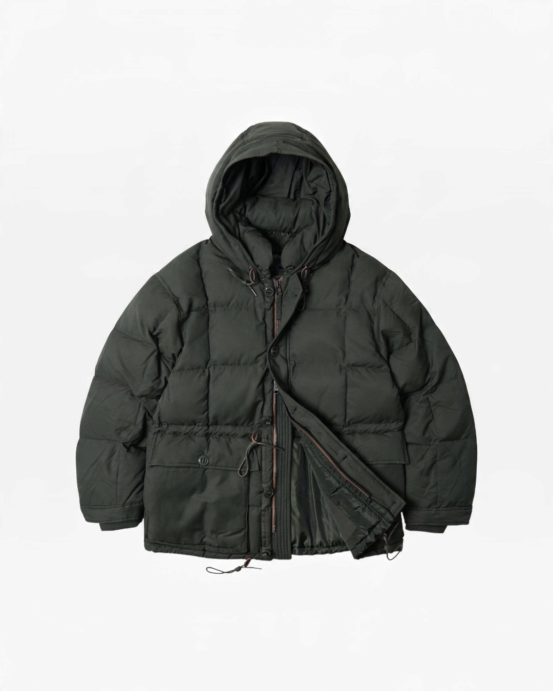 Doudoune Merci Paris Frizmworks Karakoram verte en coton et nylon avec capuche structurée et matelassage carré