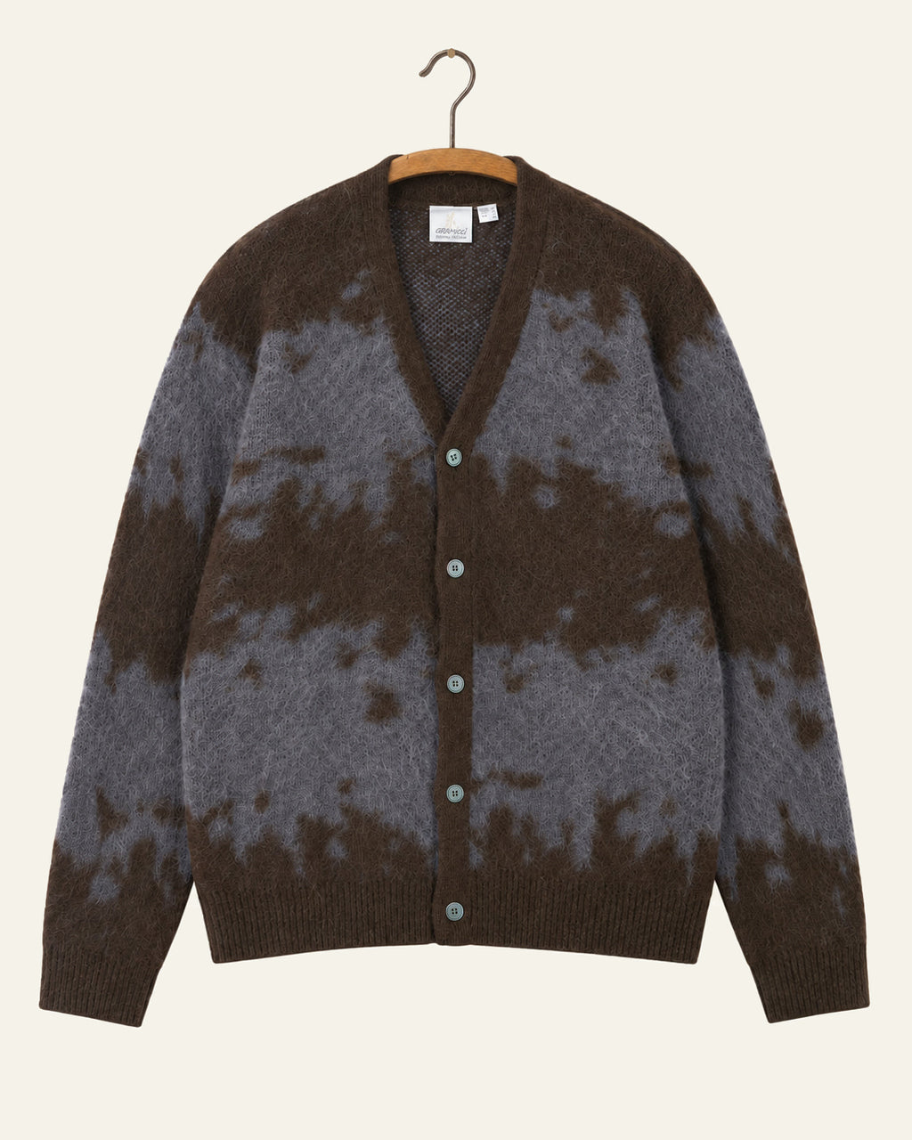 Gramicci - Cardigan Mohair - Ardoise Splatter, vue de face sur cintre