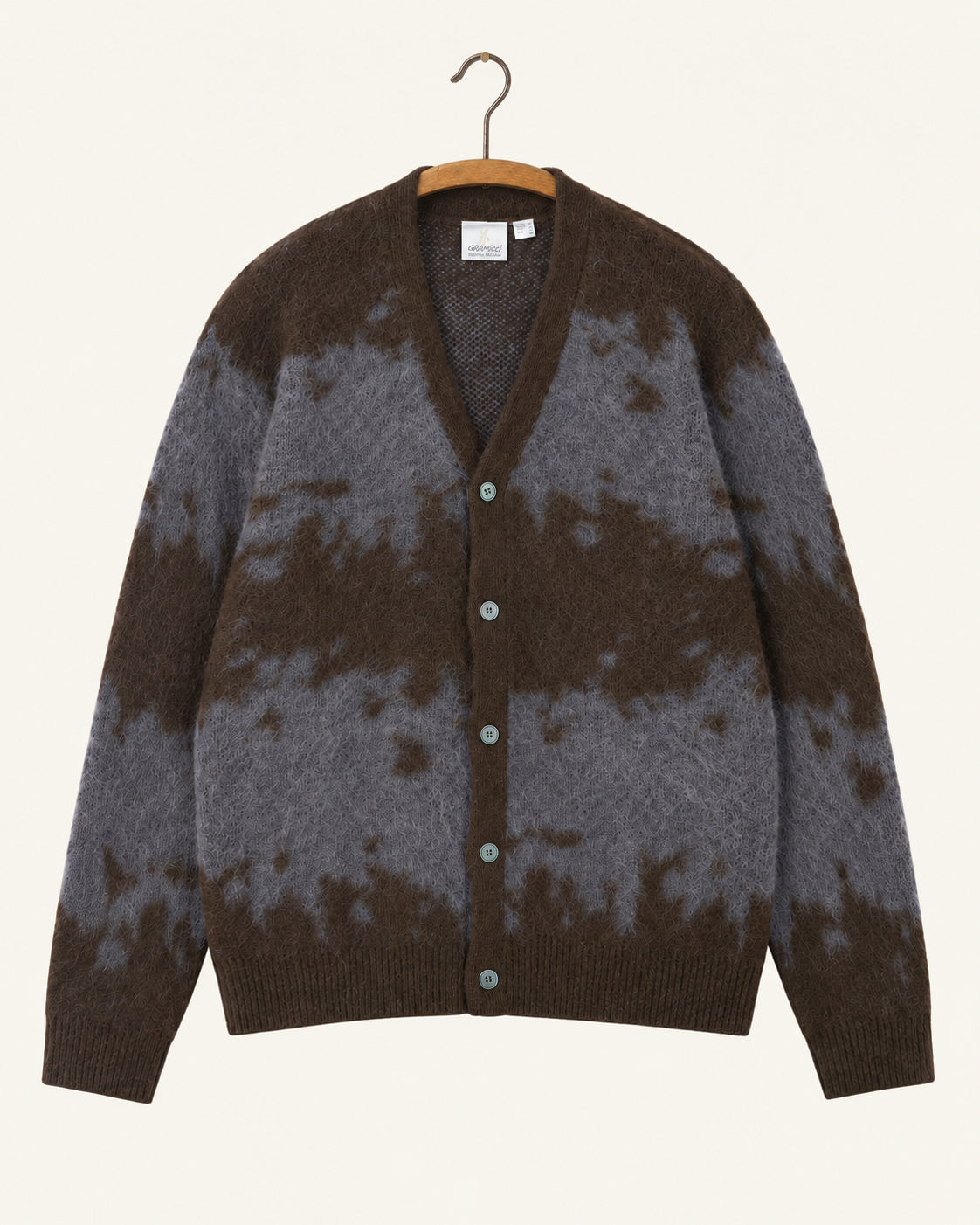 Gramicci - Cardigan Mohair - Ardoise Splatter, vue de face sur cintre