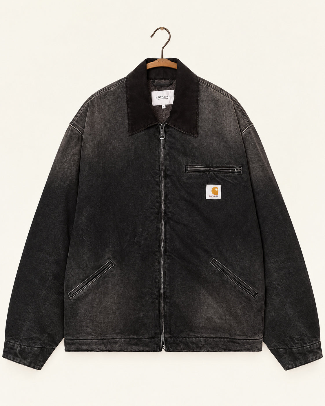 Carhartt Wip - Veste Og Detroit Denim - Black Tobacco Used Wash, vue de face sur cintre