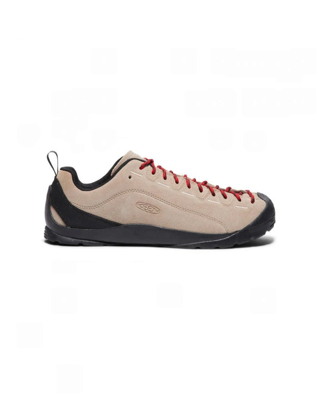 Baskets Keen Jasper Merci Paris en cuir suédé beige avec lacets rouges et semelle en caoutchouc noir