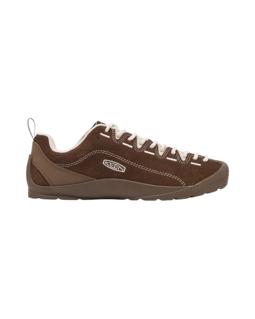 Baskets Keen Jasper marron foncé en cuir suédé avec lacets clairs et semelle en caoutchouc, vue latérale