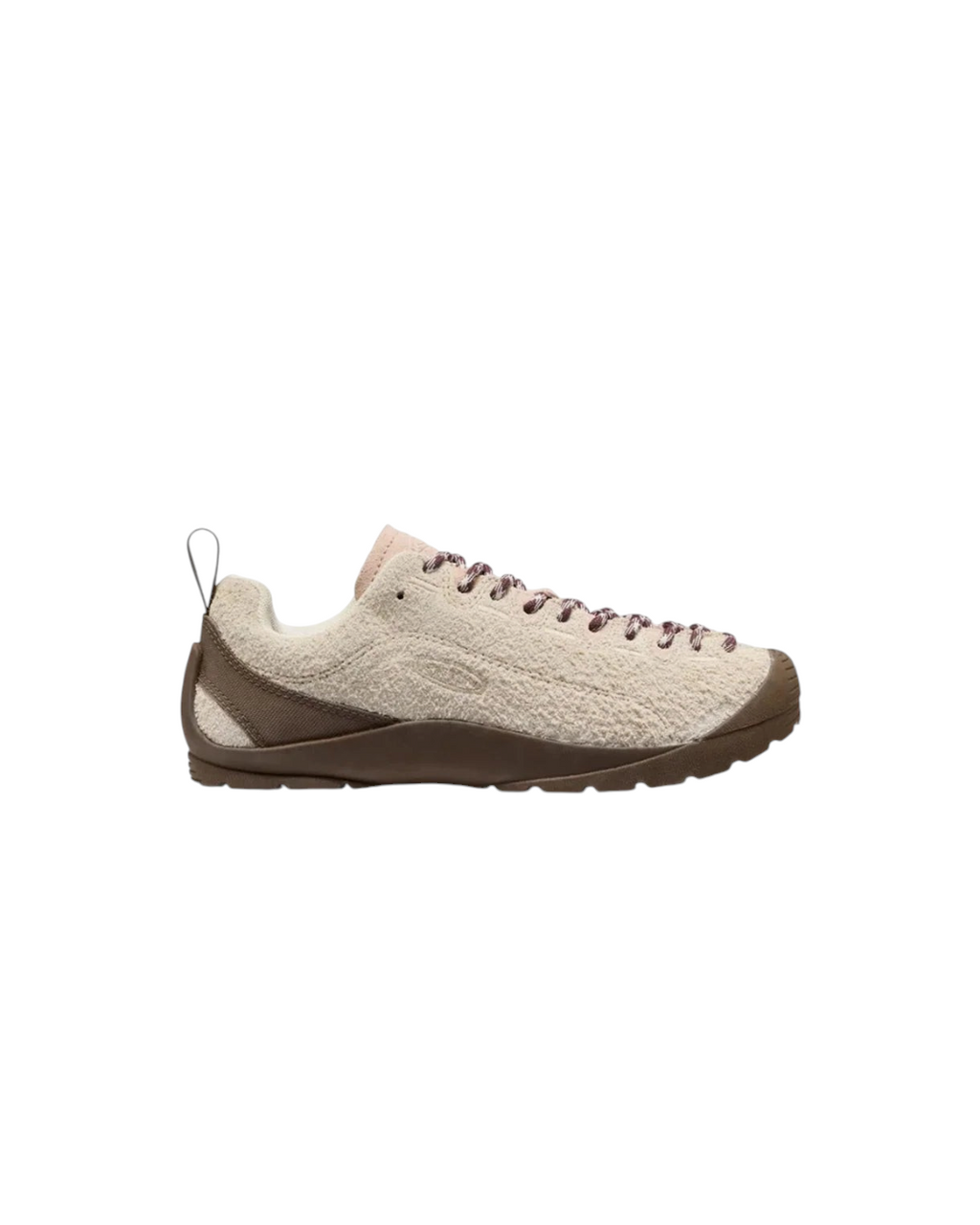 Baskets Keen Jasper Merci Paris en cuir suédé beige et rose avec système de laçage intégral et semelle en caoutchouc
