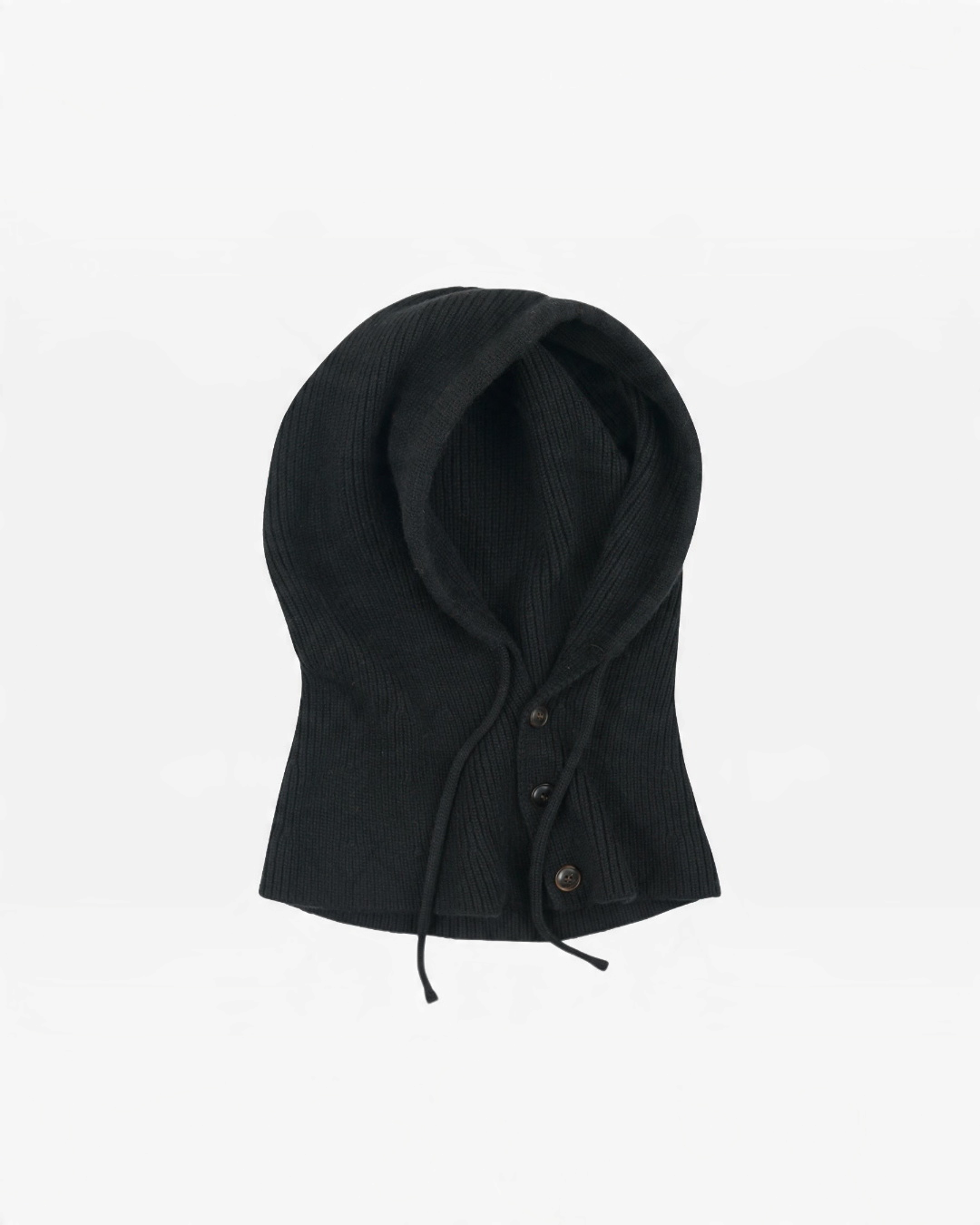 Cagoule Merci Paris Frizmworks en laine mérinos noire avec boutons et cordon de serrage, style automne-hiver