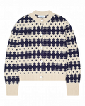 Cardigan Merci Paris Calle Del Mar en cachemire écru et bleu marine avec motif Fair Isle et boutons en coquillage
