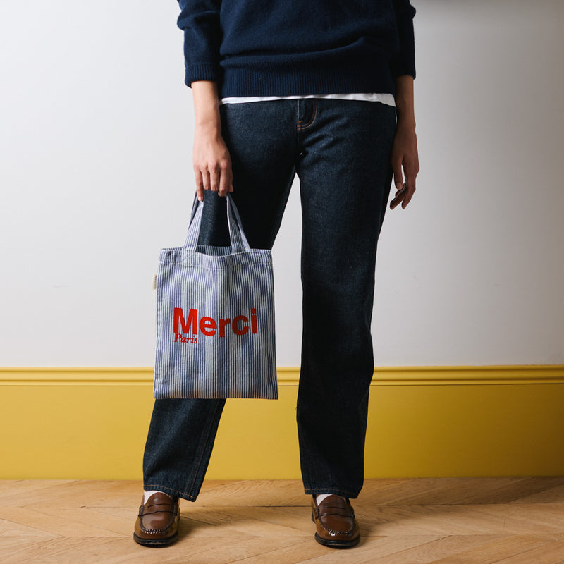 Merci - Tote Bag en Coton Hickory - Bleu rayé