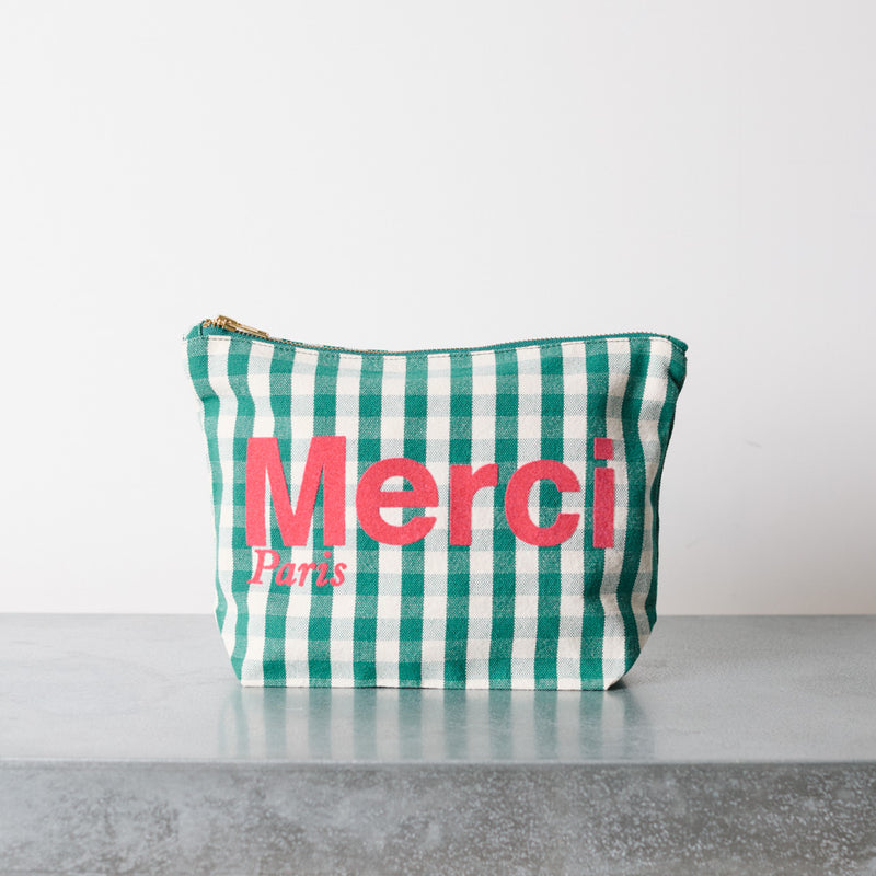Merci - Pochette en coton - Vert, Crème & Rose