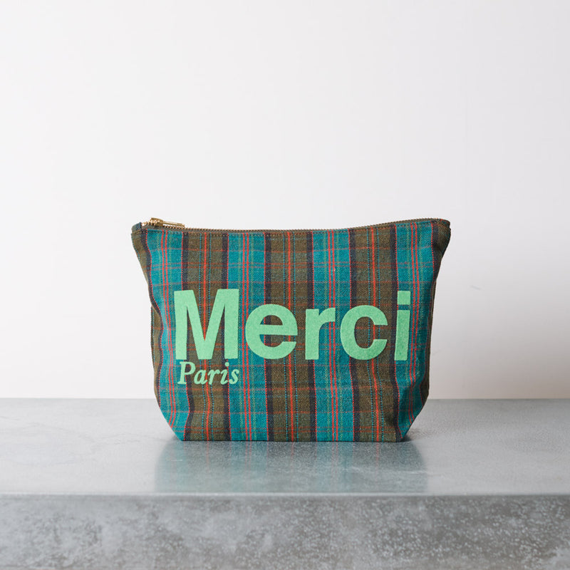 Merci - Pochette en coton - Bleu, Marron & Vert