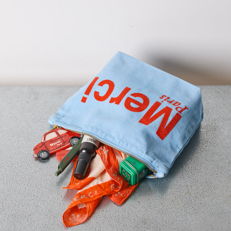 Merci - Pochette en coton - Bleu bébé & Rouge