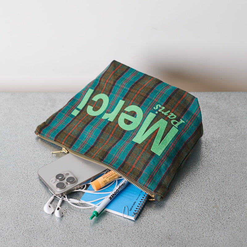 Merci - Pochette en coton - Bleu, Marron & Vert