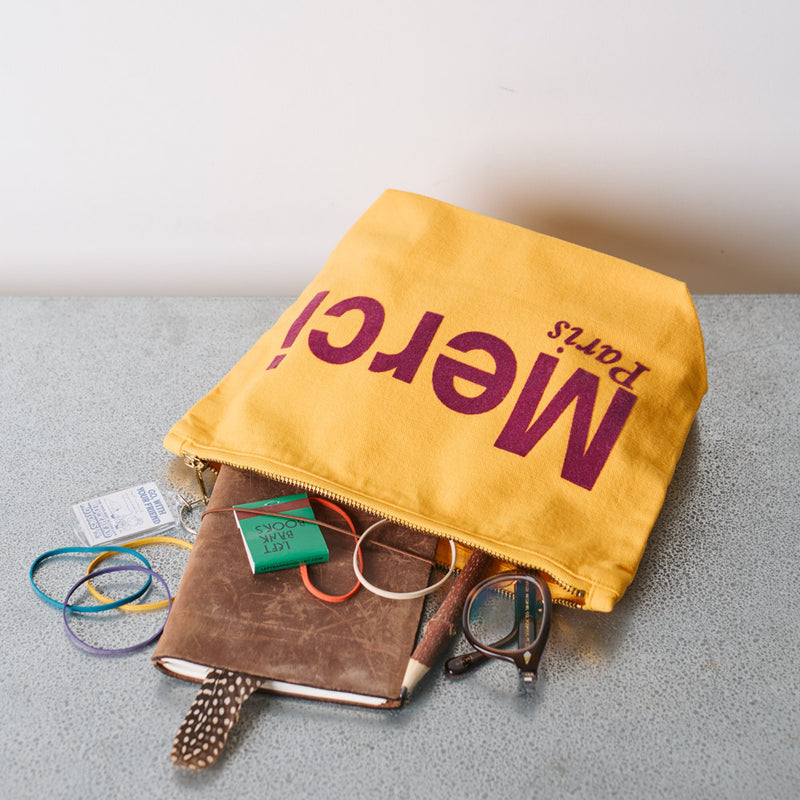 Merci - Pochette en coton - Jaune & Prune