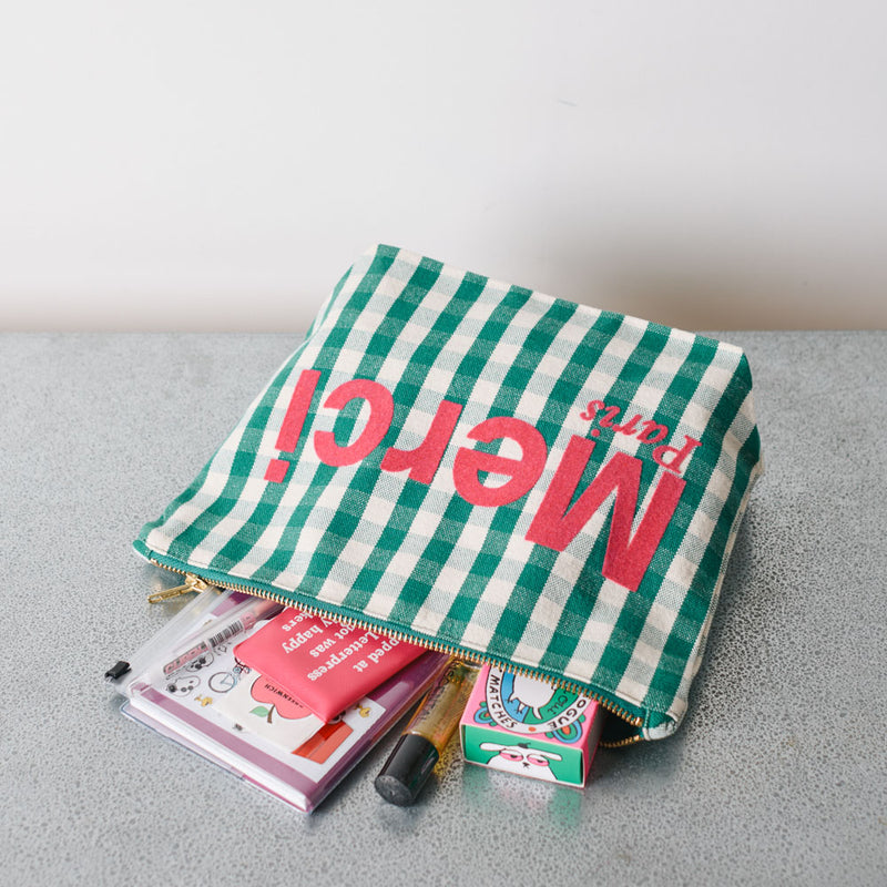 Merci - Pochette en coton - Vert, Crème & Rose