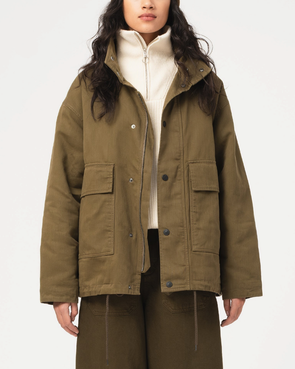 Veste Airborne Merci Paris en coton ciré couleur shitake, coupe décontractée avec poches plaquées et fermeture zippée