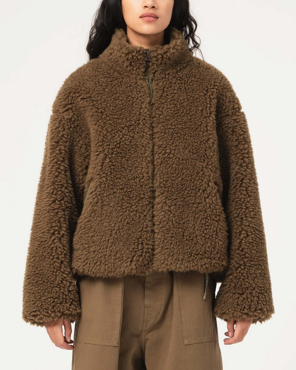 Veste Alpine Jacket Merci Paris Girls Of Dust en polaire moutonnée couleur shitake avec col montant zippé