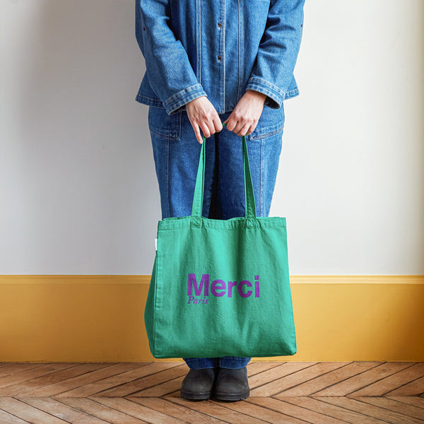 Merci cotton tote bag - Green & Purple
