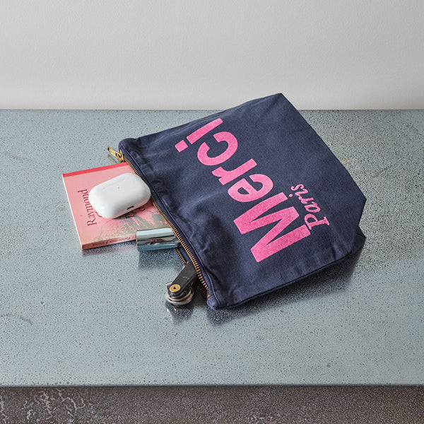 Merci cotton pouch - Navy Blue & Pink